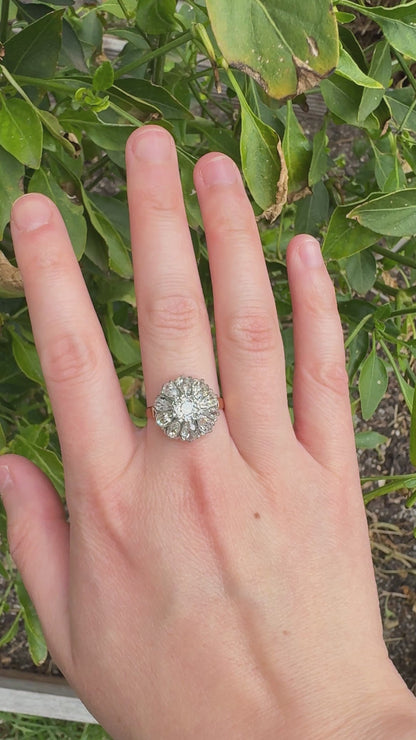Vintage 14ct yellow gold and platinum 3.4ct TCW old pear cut and old mine cut diamond cluster ring