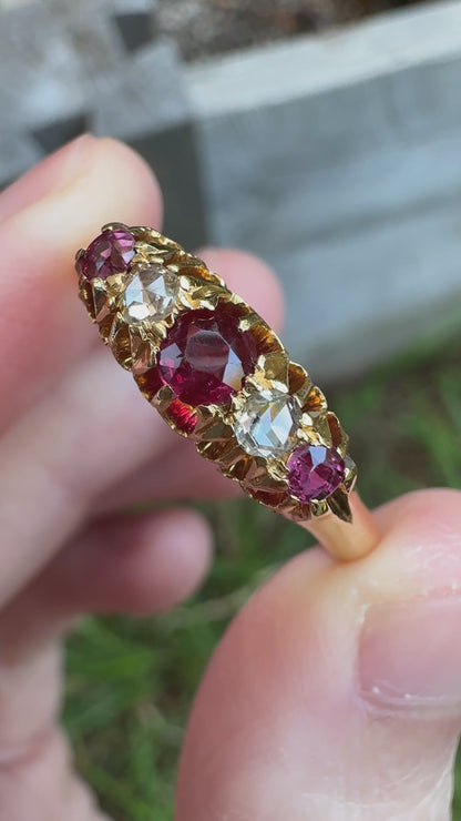 Antique Australian Wendt 18ct yellow gold five stone 0.33ct TCW natural old cut ruby and rose cut diamond ring