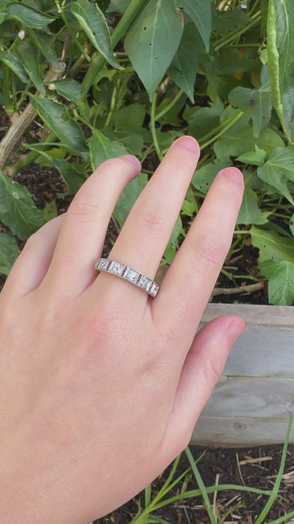Antique 18ct yellow gold and platinum seven stone 0.73ct old cut diamond ring with 24 accent calibre cut rubies
