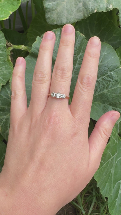 Vintage English 18ct yellow gold three stone 0.86ct TCW old mine cut diamond ring